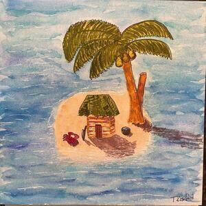 Hand painted watercolor original painting desert island 6x6